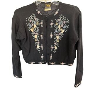 VTG I Did It Lambswool Angora Crop Cardigan M Black Floral Embellished Pearls